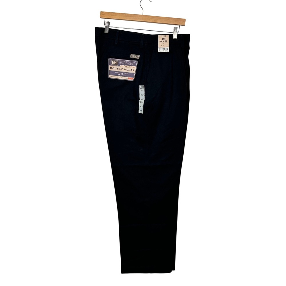 Lee Pants Mens 38x29 Black Double Pleat Wrinkle Free Relaxed Fit Tapered Leg NEW